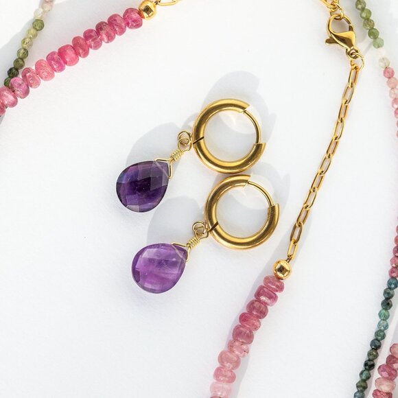 Gorgeous Amethyst Huggie Earring Waterproof Gold Huggies Genuine Amethyst PRETTY - Picture 6 of 7